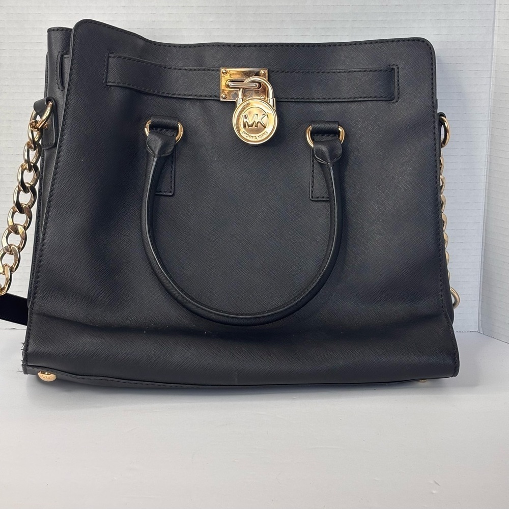 Michael Kors Hamilton Large Satchel Bag with Gold Chain - Black